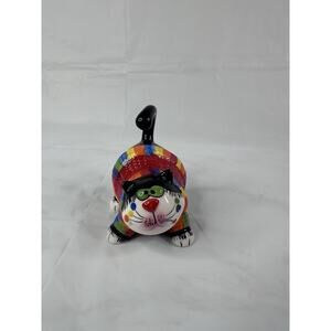 Amy Lacombe Ceramic Black Tuxedo Fat Cat Whimsical Rainbow Sweater Cat Lady